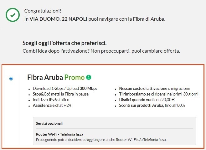 Verifica Copertura Aruba Fibra esito ok Verifica Copertura Aruba Fibra esito ok