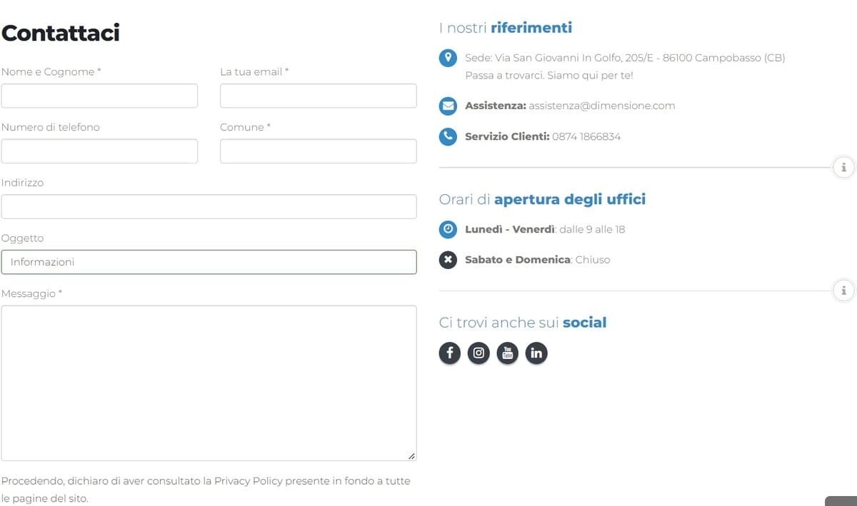 Form online dell’operatore Dimensione Form online dell’operatore Dimensione