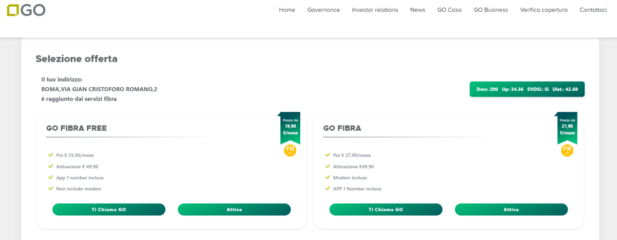 Offerte Go Internet in base alla Verifica Copertura 