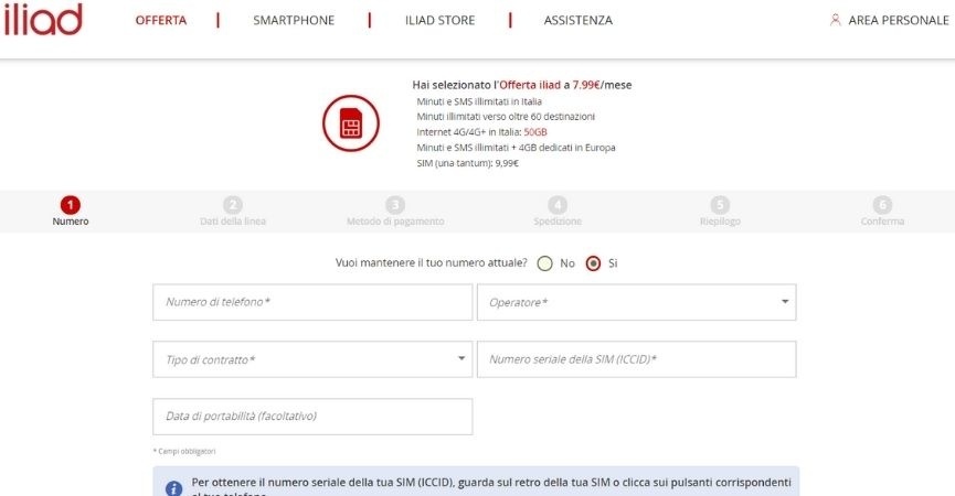 La seconda schermata durante l'operazione di portabilità del numero Iliad Passare a Iliad portabilità del numero