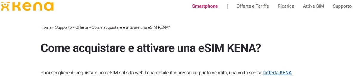 I dettagli del supporto Kena sulla eSim kena-esim