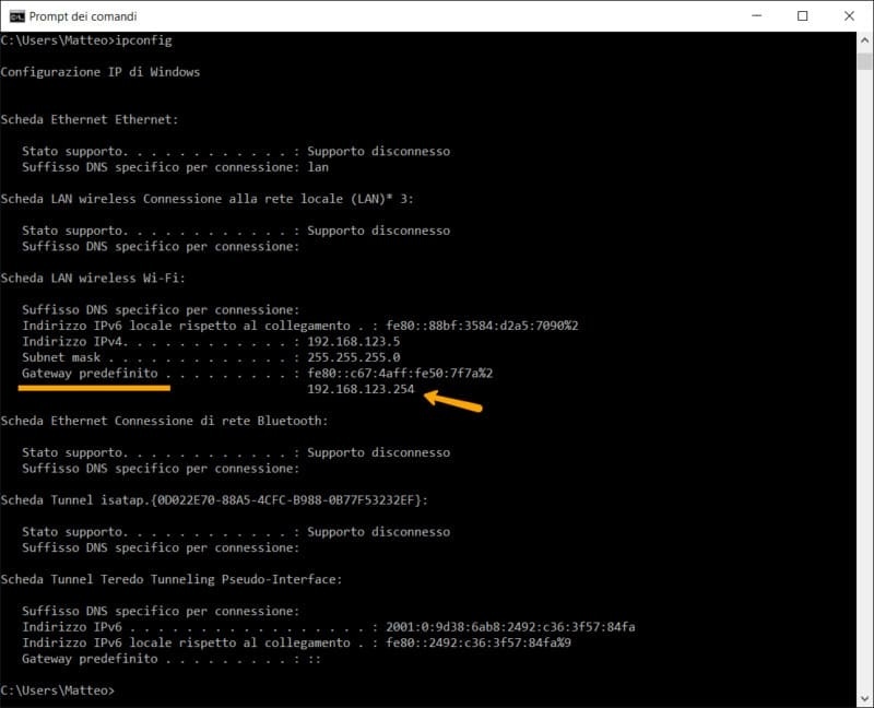 Trovare IP del modem mediante il prompt dei comandi Trovare IP del modem mediante il prompt dei comandi
