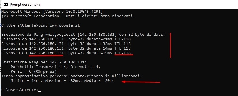 Risultato del Ping Test dal PC