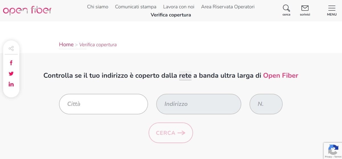 Pagina di verifica copertura Open Fiber Pagina di verifica copertura Open Fiber