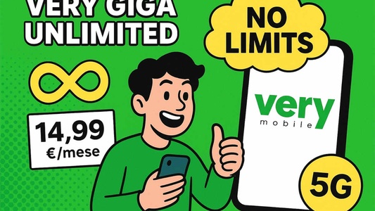 Illustrazione in stile fumetto che promuove l’offerta Very Giga Unlimited di Very Mobile. Un giovane sorridente con smartphone alza il pollice davanti a uno sfondo verde