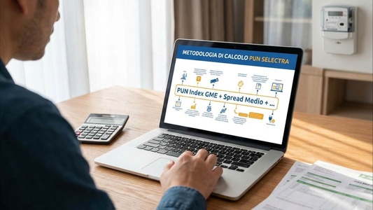 Un uomo al PC che scopre la metodologia del PUN Selectra