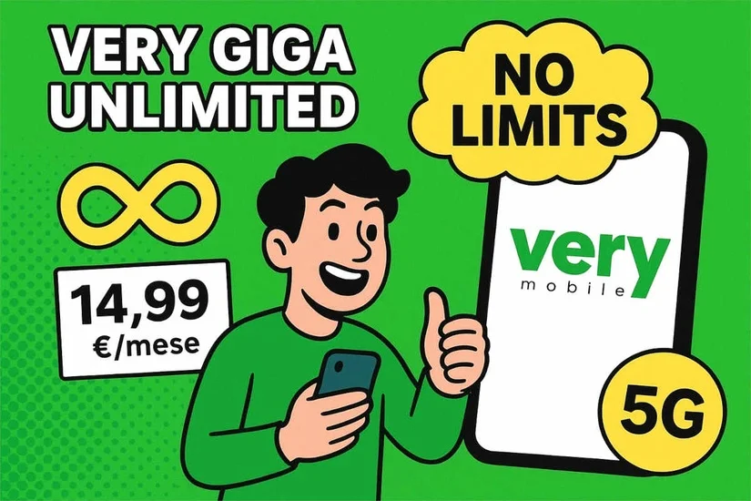Illustrazione in stile fumetto che promuove l’offerta Very Giga Unlimited di Very Mobile. Un giovane sorridente con smartphone alza il pollice davanti a uno sfondo verde