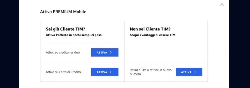 Schermata di attivazione Tim Premium Mobile Schermata di attivazione Tim Premium Mobile