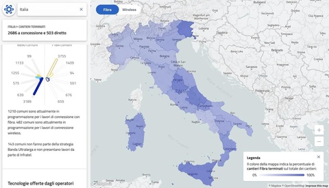 Mappa della copertura in fibra in Italia - Credits: Bandaultralarga.italia.it Mappa della copertura in fibra in Italia