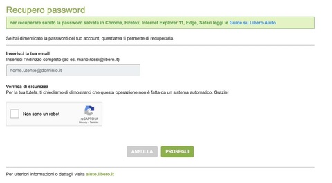 Schermata di Cambio Password Libero Mail Schermata Libero Mail: Cambio Password